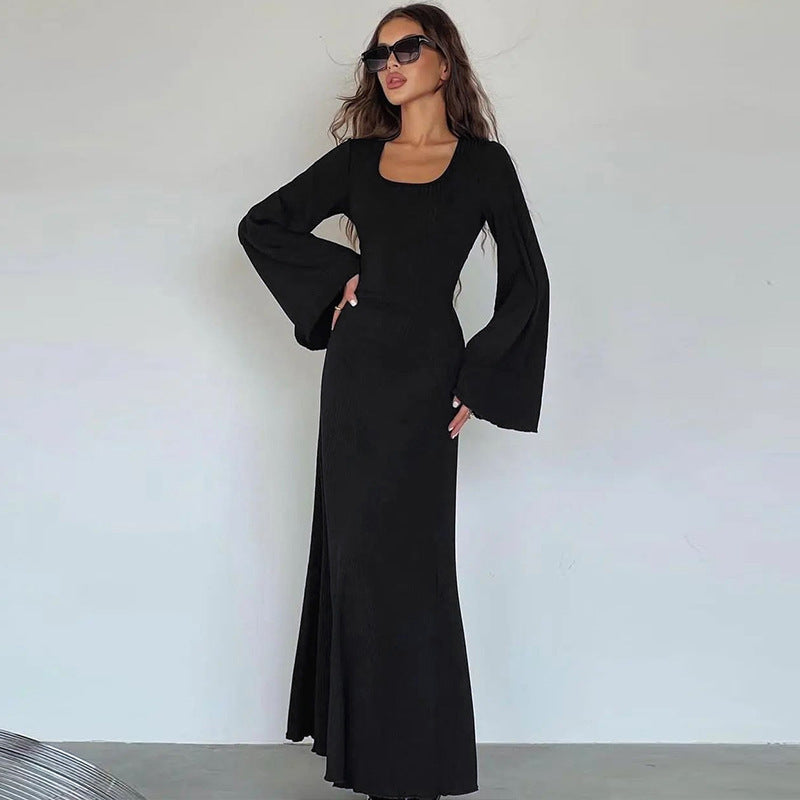 Fashion U-neck Dress Back Lace-up Long Bell Sleeve Dresses Women